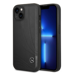 Mercedes-Benz coque arriere rigide pour iPhone 14 & 15 Plus - Genuine Leather - New Wave III - Noir