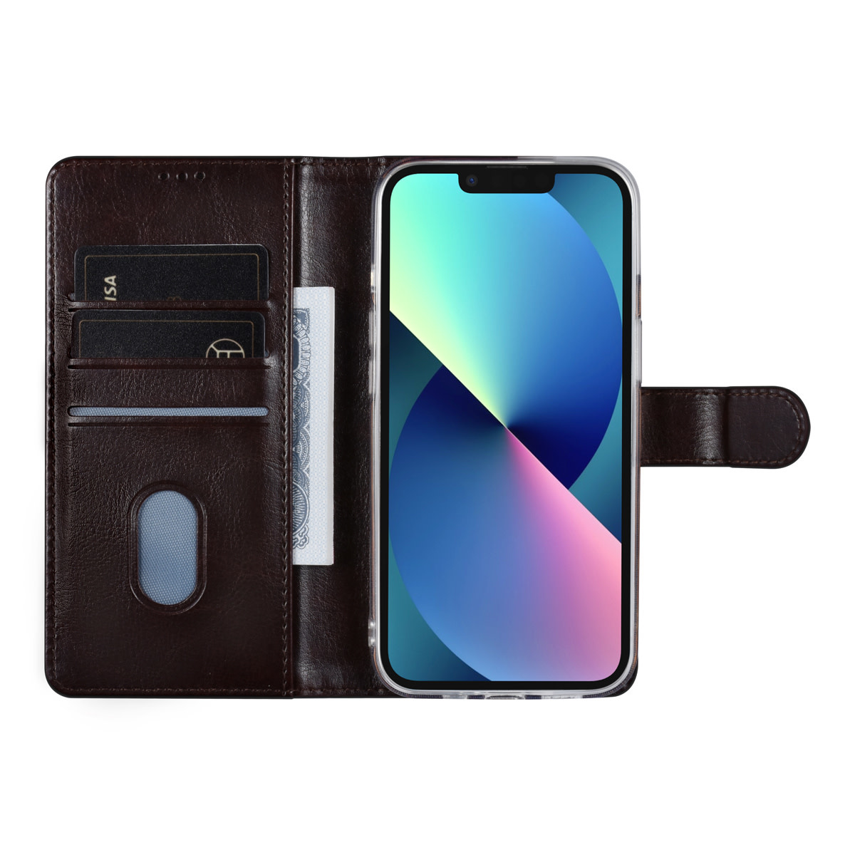 UNIQ Accessory UNIQ Accessory iPhone 13 & 14 Book Case hoesje - Pasjeshouder voor 3 pasjes - Magneetsluiting - DonkerBruin, foto 4 van 5