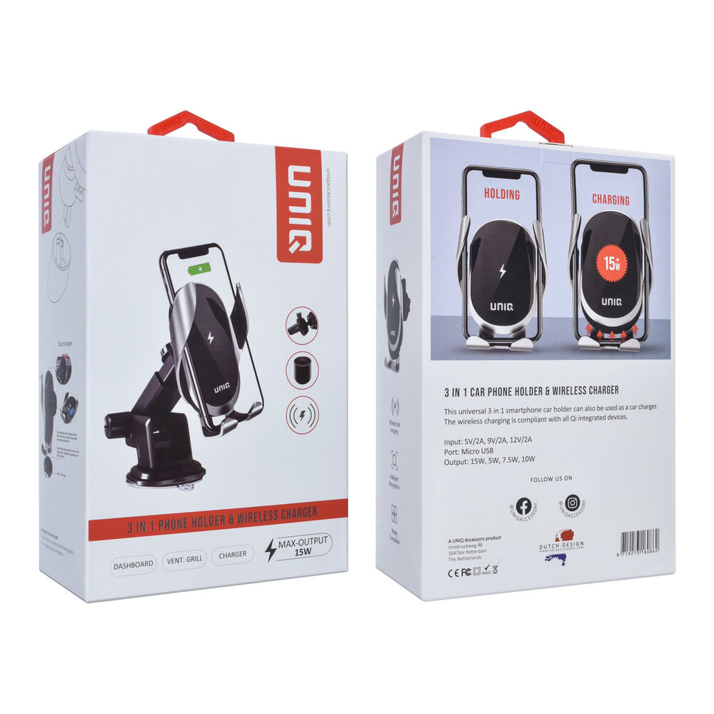 UNIQ Accessory UNIQ Accessory 3-in-1 draadloze Telefoonhouder en oplader voor in de auto - Zwart UNIQ Accessory UNIQ Accessory 3-in-1 draadloze Telefoonhouder en oplader voor in de auto - Zwart