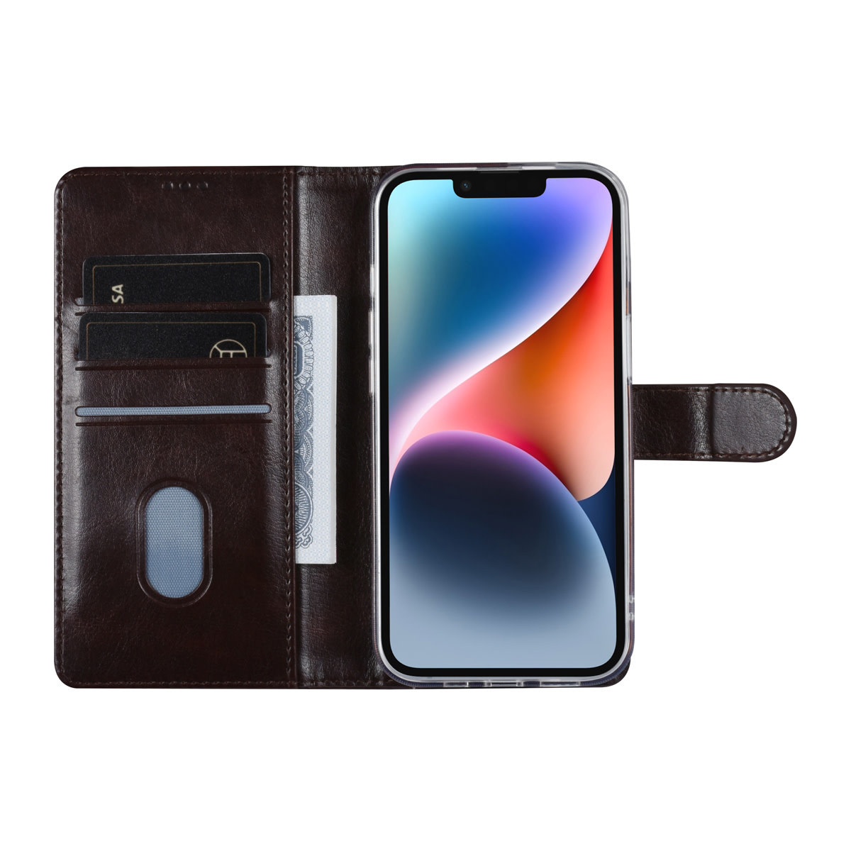 UNIQ Accessory UNIQ Accessory iPhone 14 & 13 Book Case hoesje - Pasjeshouder voor 3 pasjes - Magneetsluiting - Hanger - DonkerBruin, foto 4 van 5