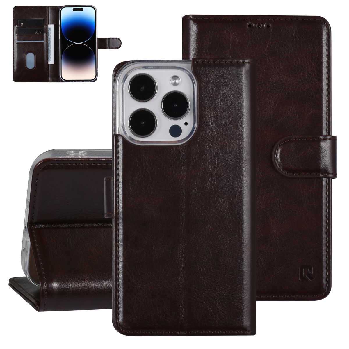 UNIQ Accessory UNIQ Accessory iPhone 14 Pro Book Case hoesje - Pasjeshouder voor 3 pasjes - Hanger - DonkerBruin