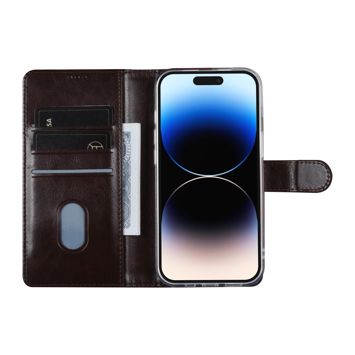 UNIQ Accessory UNIQ Accessory iPhone 14 Pro Book Case hoesje - Pasjeshouder voor 3 pasjes - Hanger - DonkerBruin, foto 4 van 5