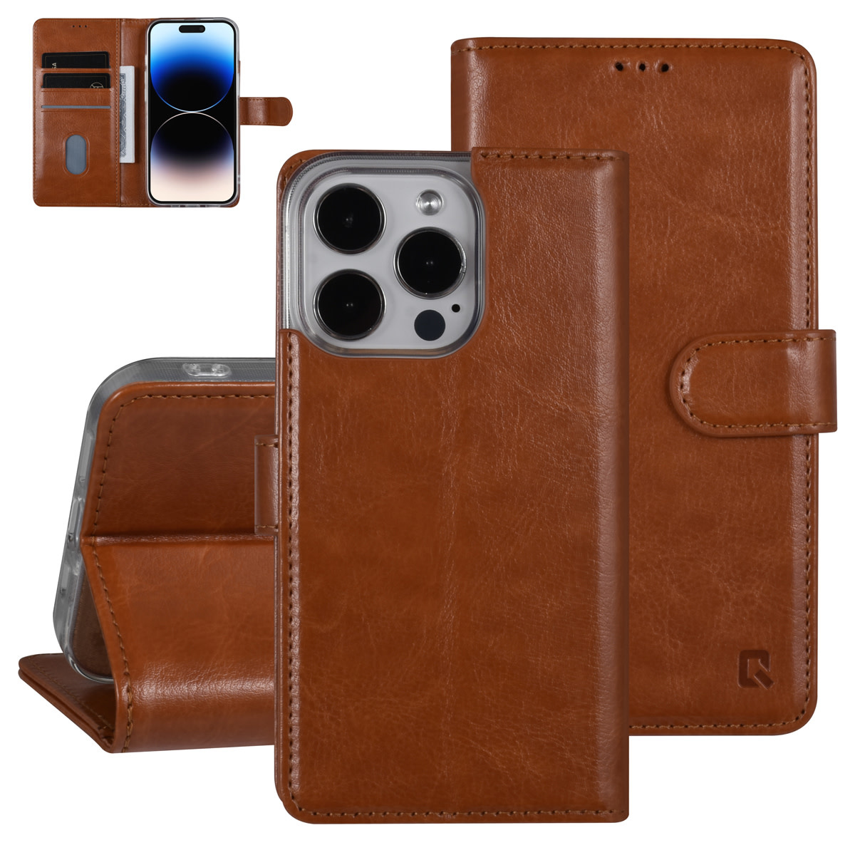 UNIQ Accessory UNIQ Accessory iPhone 14 Pro Book Case hoesje - Pasjeshouder voor 3 pasjes - Hanger - LichtBruin