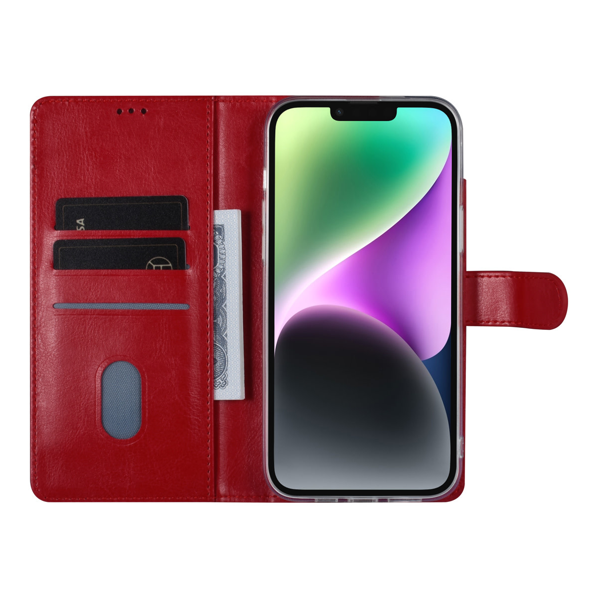 UNIQ Accessory UNIQ Accessory iPhone 14 & 15 Plus Book Case hoesje - Pasjeshouder voor 3 pasjes - Magneetsluiting - Hanger - Rood, foto 4 van 5