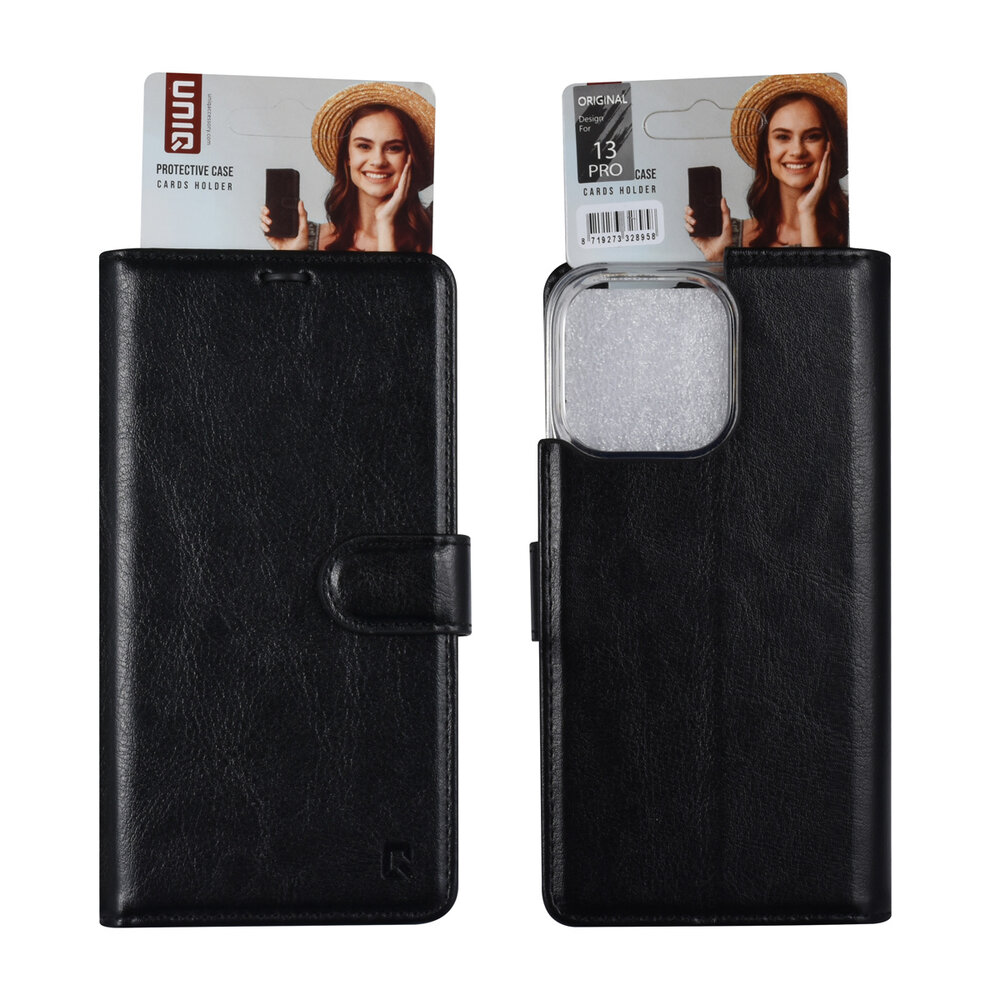 UNIQ Accessory UNIQ Accessory iPhone 13 Pro Book Case hoesje - Pasjeshouder voor 3 pasjes - Magneetsluiting - Zwart UNIQ Accessory UNIQ Accessory iPhone 13 Pro Book Case hoesje - Pasjeshouder voor 3 pasjes - Magneetsluiting - Zwart