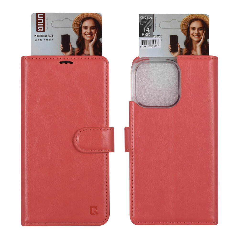 UNIQ Accessory UNIQ Accessory iPhone 14 Pro Book Case hoesje - Pasjeshouder voor 3 pasjes - Hanger - Roze UNIQ Accessory UNIQ Accessory iPhone 14 Pro Book Case hoesje - Pasjeshouder voor 3 pasjes - Hanger - Roze
