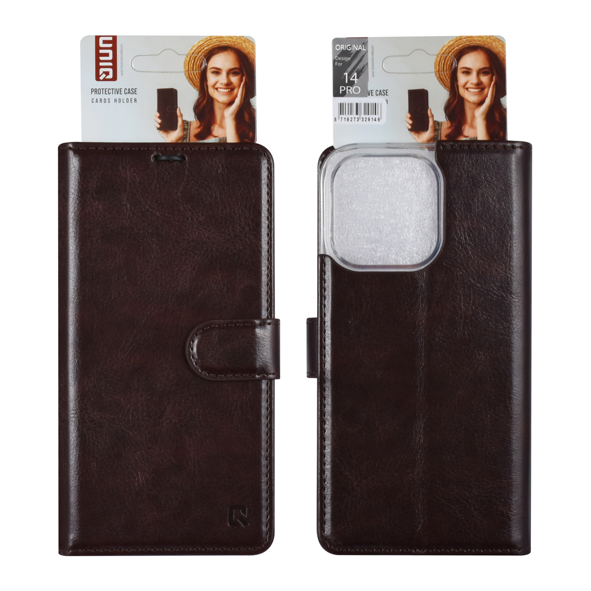 UNIQ Accessory UNIQ Accessory iPhone 14 Pro Book Case hoesje - Pasjeshouder voor 3 pasjes - Hanger - DonkerBruin, foto 5 van 5