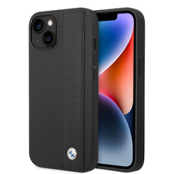 BMW coque arriere rigide pour iPhone 14 & 15 Plus - Textured & Logo Stripe - Noir