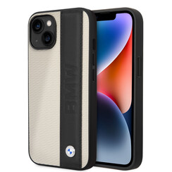 BMW iPhone 14 & 13 Hardcase-Ruckseite - Textured & Logo Stripe - Beige