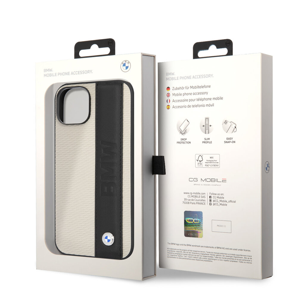 BMW BMW coque arriere rigide pour iPhone 14 & 15 Plus - Textured & Logo Stripe - Beige BMW BMW coque arriere rigide pour iPhone 14 & 15 Plus - Textured & Logo Stripe - Beige