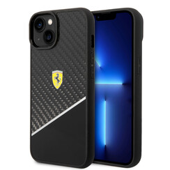 Ferrari coque arriere rigide pour iPhone 14 & 15 Plus - Carbon - Stripe - Noir