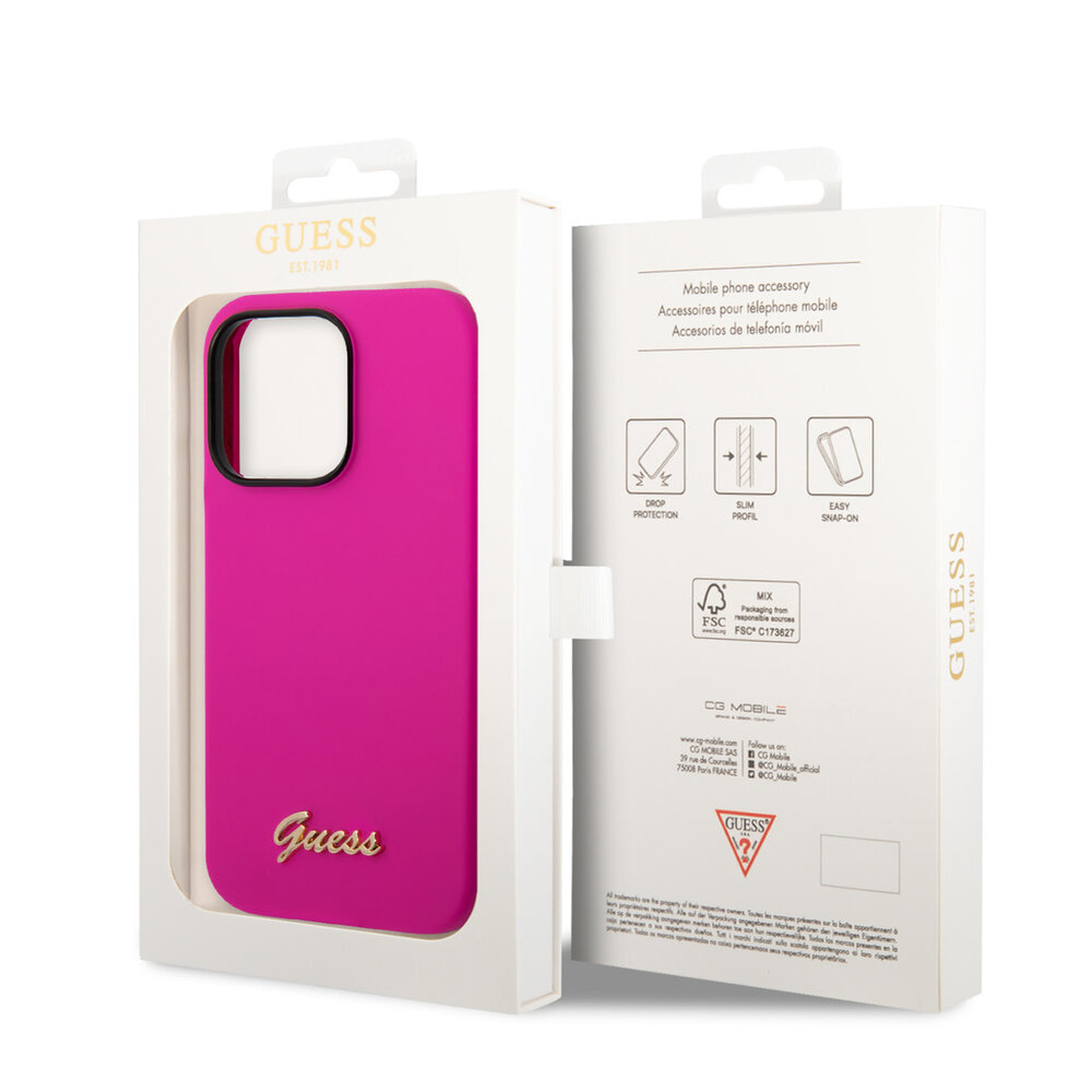 Guess Guess coque en silicone pour iPhone 14 Pro - Metal logo - Fuchsia
