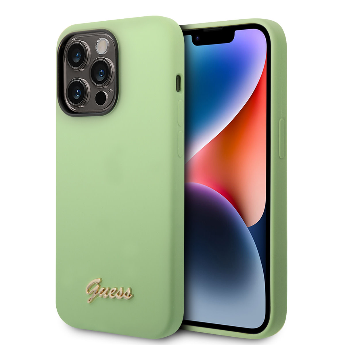 Guess Guess iPhone 14 Pro Silicone Backcover - Metal logo - Groen