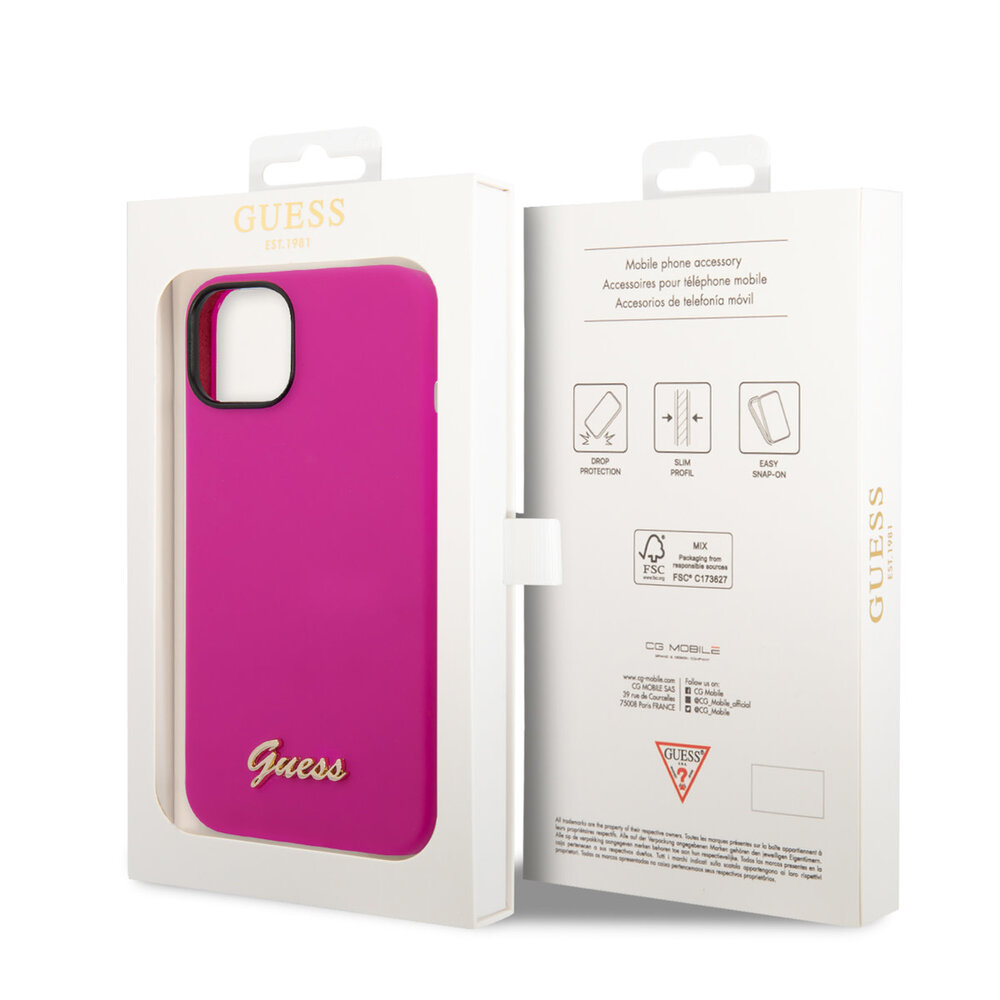 Guess Guess iPhone 14 & 15 Plus Silicone Backcover - Metal logo - Fuchsia