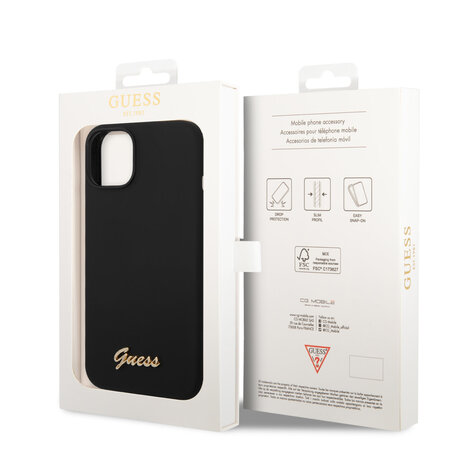 Guess Guess iPhone 14 & 15 Plus Silicone Backcover - Metal logo - Zwart