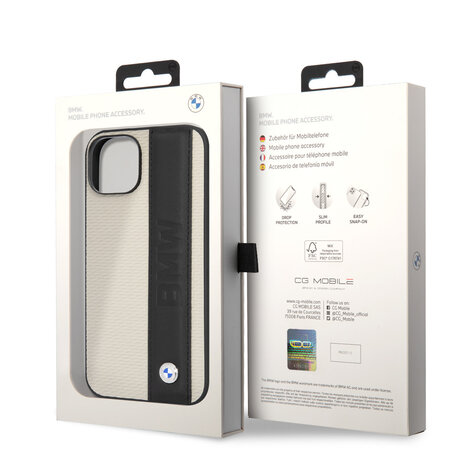 BMW BMW iPhone 14 & 15 Plus Hardcase-Ruckseite - Textured & Logo Stripe - Beige BMW BMW iPhone 14 & 15 Plus Hardcase-Ruckseite - Textured & Logo Stripe - Beige