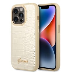 Guess iPhone 14 Pro Hardcase Backcover - Croco - Metal Buttons & Camera - Gold