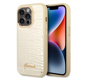 Guess Guess iPhone 14 Pro Hardcase Backcover - Croco - Metal Buttons & Camera - Goud Guess Guess iPhone 14 Pro Hardcase Backcover - Croco - Metal Buttons & Camera - Goud