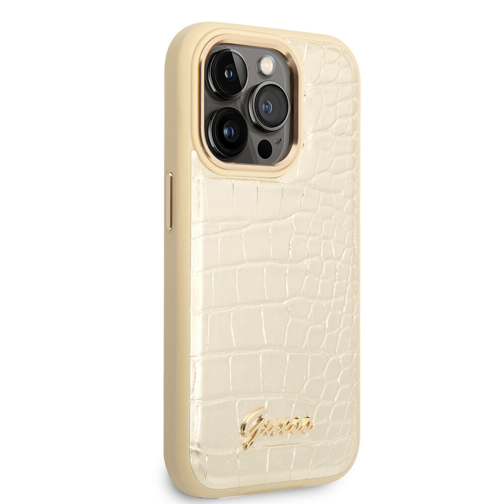 Guess Guess iPhone 14 Pro Hardcase-Rückseite - Croco - Metal Buttons & Camera - Gold Guess Guess iPhone 14 Pro Hardcase-Rückseite - Croco - Metal Buttons & Camera - Gold