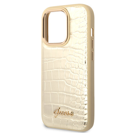 Guess Guess iPhone 14 Pro Hardcase Backcover - Croco - Metal Buttons & Camera - Goud Guess Guess iPhone 14 Pro Hardcase Backcover - Croco - Metal Buttons & Camera - Goud