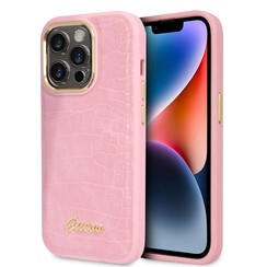 Guess iPhone 14 Pro Hardcase-Rückseite - Croco - Metal Buttons & Camera - Rosa