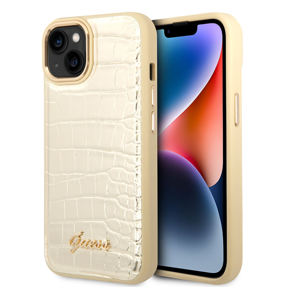 Guess Guess iPhone 14 & 15 Plus Hardcase Backcover - Croco - Metal Buttons & Camera - Goud Guess Guess iPhone 14 & 15 Plus Hardcase Backcover - Croco - Metal Buttons & Camera - Goud