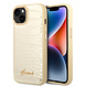 Guess Guess iPhone 14 & 15 Plus Hardcase Backcover - Croco - Metal Buttons & Camera - Goud Guess Guess iPhone 14 & 15 Plus Hardcase Backcover - Croco - Metal Buttons & Camera - Goud