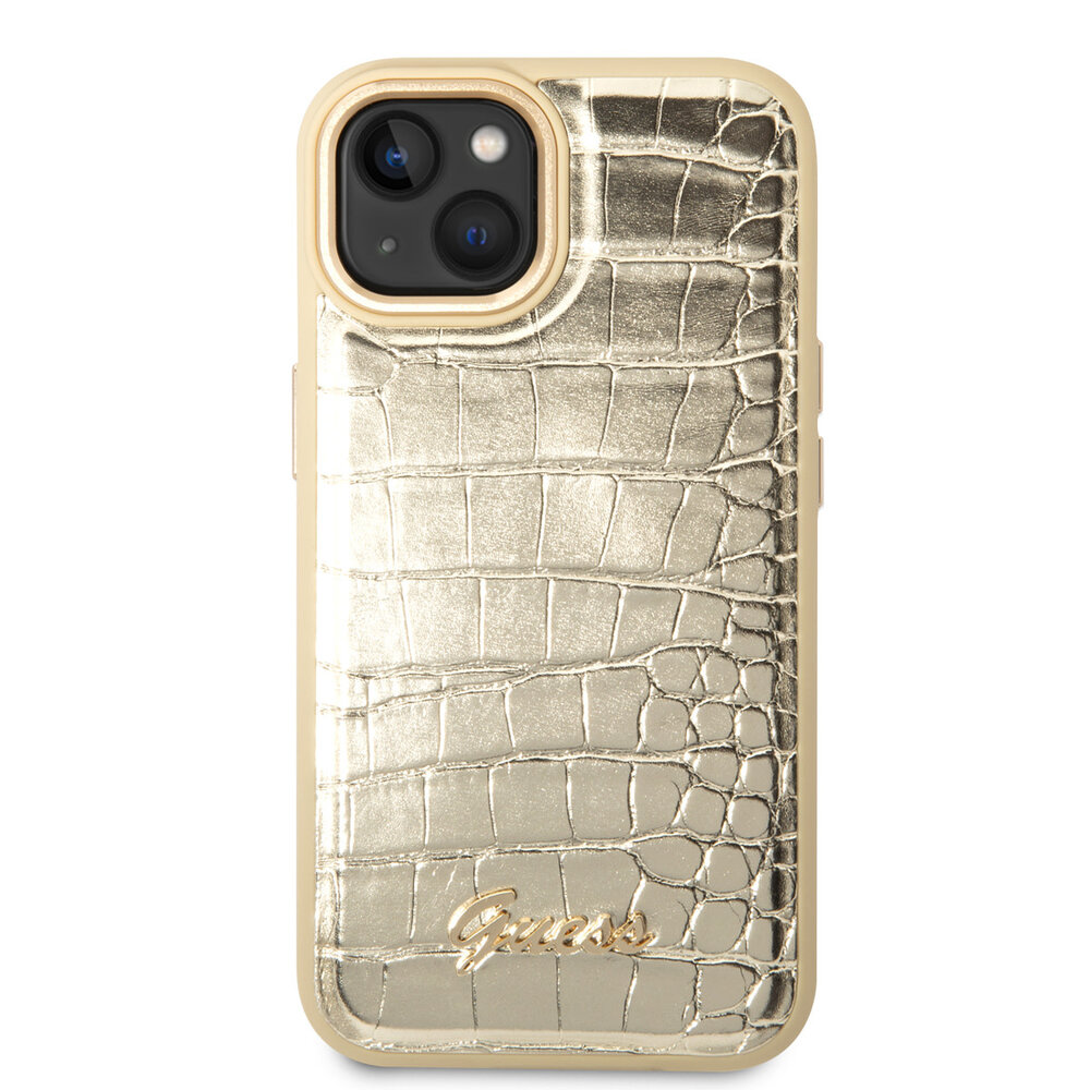 Guess Guess iPhone 14 & 15 Plus Hardcase Backcover - Croco - Metal Buttons & Camera - Goud Guess Guess iPhone 14 & 15 Plus Hardcase Backcover - Croco - Metal Buttons & Camera - Goud
