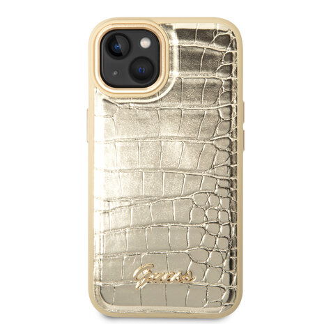 Guess Guess iPhone 14 & 15 Plus Hardcase Backcover - Croco - Metal Buttons & Camera - Goud Guess Guess iPhone 14 & 15 Plus Hardcase Backcover - Croco - Metal Buttons & Camera - Goud