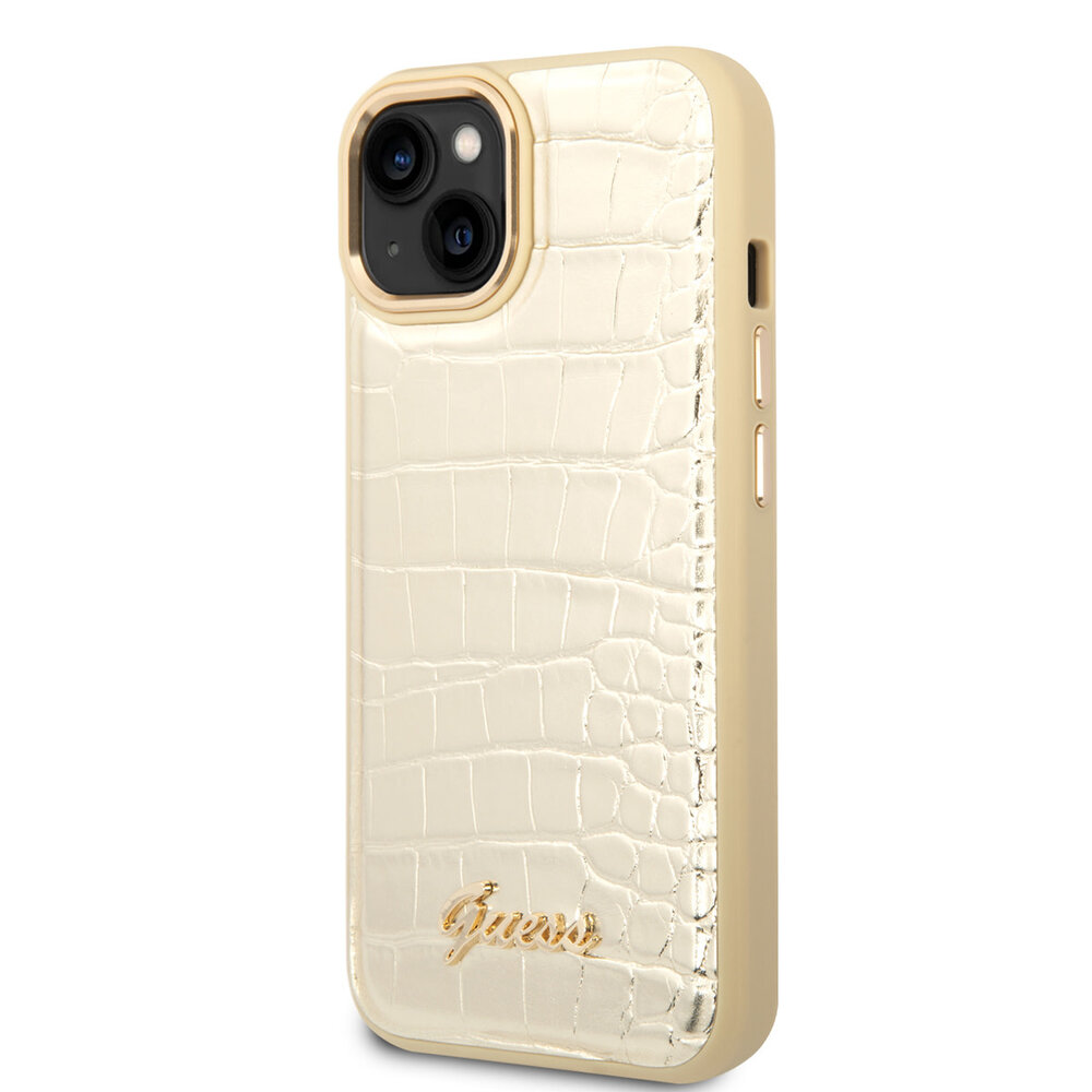 Guess Guess iPhone 14 & 15 Plus Hardcase Backcover - Croco - Metal Buttons & Camera - Goud Guess Guess iPhone 14 & 15 Plus Hardcase Backcover - Croco - Metal Buttons & Camera - Goud