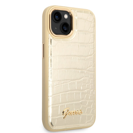 Guess Guess iPhone 14 & 15 Plus Hardcase-Ruckseite - Croco - Metal Buttons & Camera - Gold Guess Guess iPhone 14 & 15 Plus Hardcase-Ruckseite - Croco - Metal Buttons & Camera - Gold