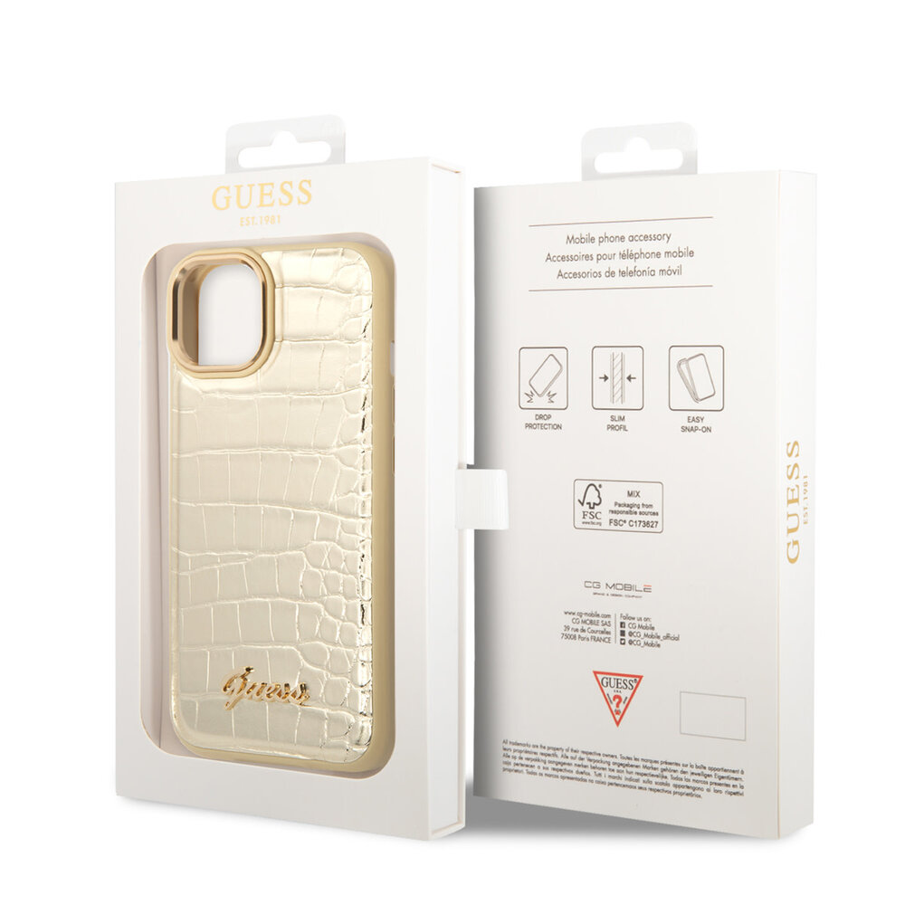 Guess Guess iPhone 14 & 15 Plus Hardcase-Ruckseite - Croco - Metal Buttons & Camera - Gold Guess Guess iPhone 14 & 15 Plus Hardcase-Ruckseite - Croco - Metal Buttons & Camera - Gold