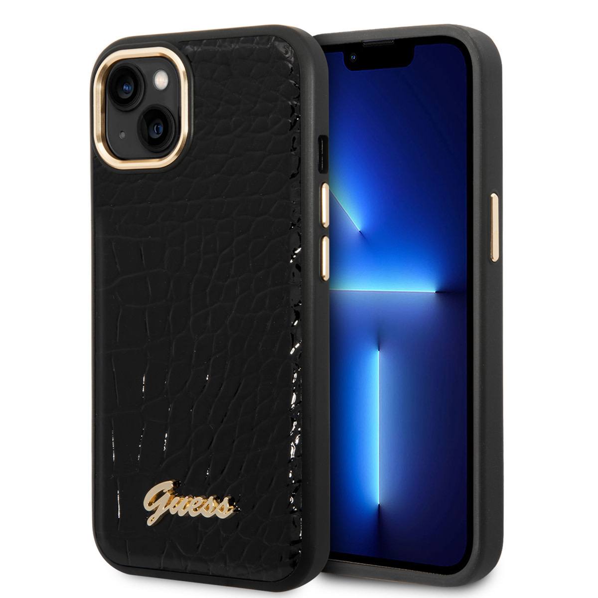 Guess Guess iPhone 14 & 15 Plus Hardcase Backcover - Croco - Metal Buttons & Camera - Zwart