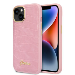 Guess iPhone 14 & 15 Plus Hardcase Backcover - Croco - Metal Buttons & Camera - Pink
