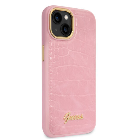 Guess Guess iPhone 14 & 15 Plus Hardcase Backcover - Croco - Metal Buttons & Camera - Roze Guess Guess iPhone 14 & 15 Plus Hardcase Backcover - Croco - Metal Buttons & Camera - Roze