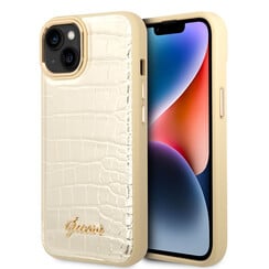 Guess iPhone 14 & 13 Hardcase Backcover - Croco - Metal Buttons & Camera - Gold
