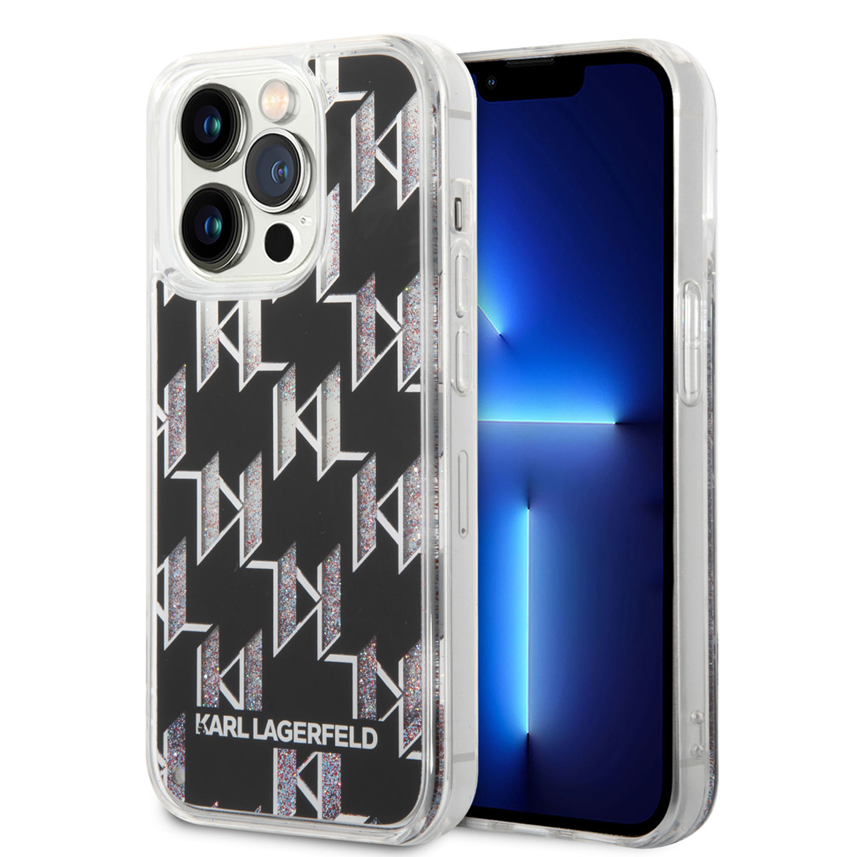 Karl Lagerfeld Karl Lagerfeld iPhone 14 Pro TPU Backcover - Liquid Glitter - Monogram - Zwart