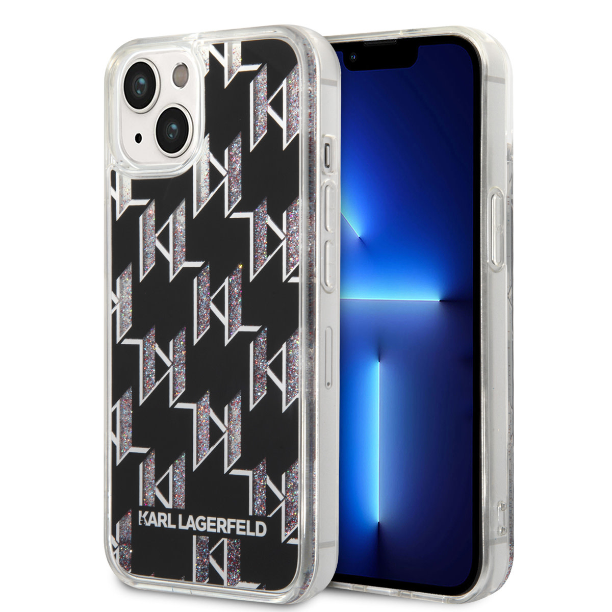 Karl Lagerfeld Karl Lagerfeld iPhone 14 & 15 Plus TPU Backcover - Liquid Glitter - Monogram - Zwart