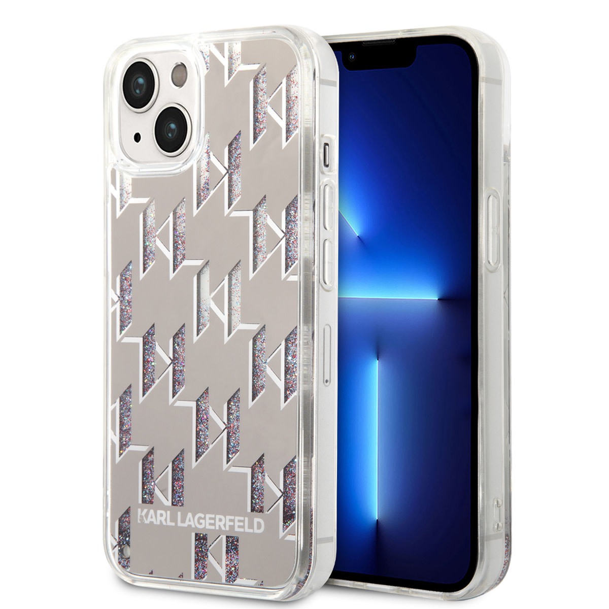 Karl Lagerfeld Karl Lagerfeld iPhone 14 & 15 Plus TPU Backcover - Liquid Glitter - Monogram - Zilver