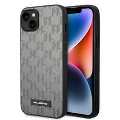 Karl Lagerfeld Coque arriere rigide pour iPhone 14 & 15 Plus - Saffiano Leather - Metal Logo - Gris