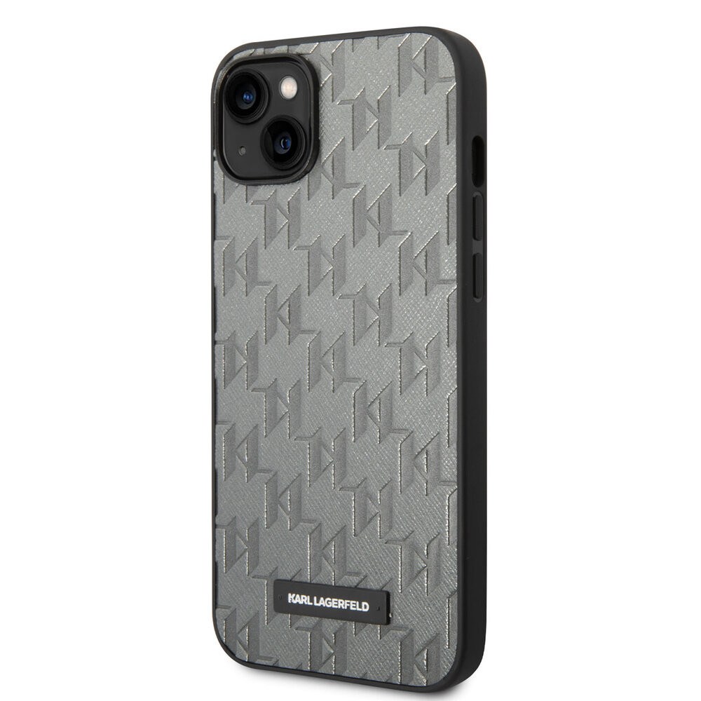 Karl Lagerfeld Karl Lagerfeld Coque arriere rigide pour iPhone 14 & 15 Plus - Saffiano Leather - Metal Logo - Gris Karl Lagerfeld Karl Lagerfeld Coque arriere rigide pour iPhone 14 & 15 Plus - Saffiano Leather - Metal Logo - Gris