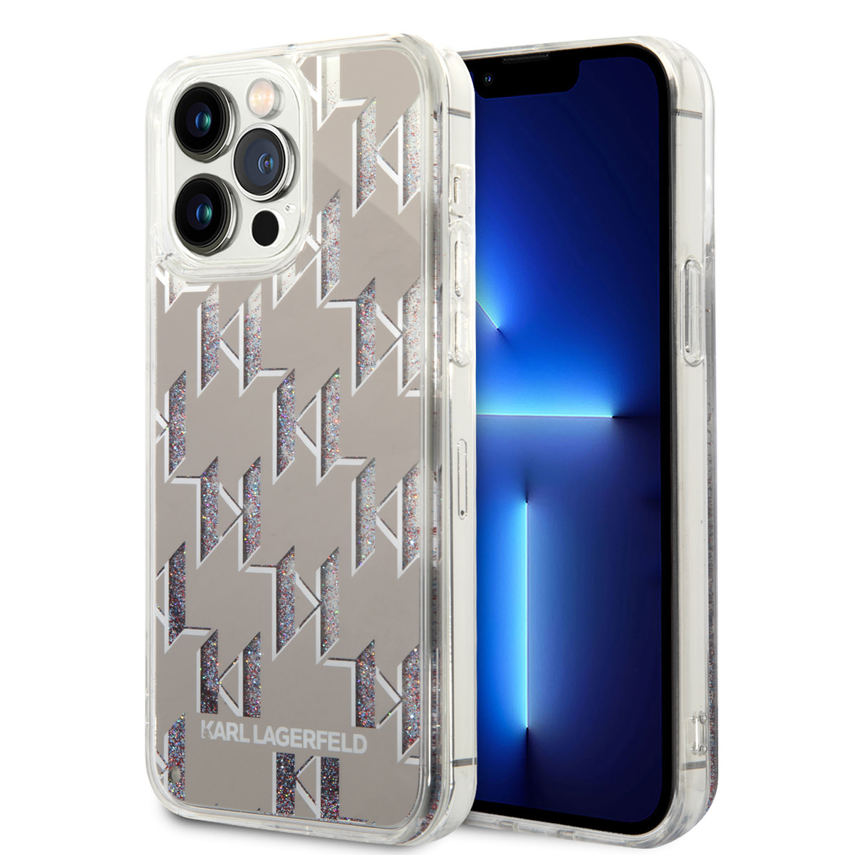 Karl Lagerfeld Karl Lagerfeld iPhone 14 Pro Max TPU Backcover - Liquid Glitter - Monogram - Zilver