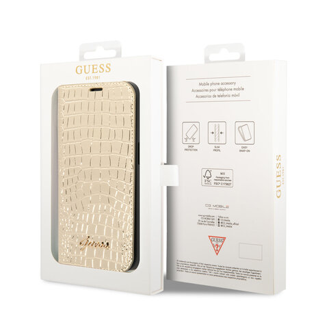 Guess Guess iPhone 14 & 15 Plus Book type case - Croco - 3 card slots - Gold Guess Guess iPhone 14 & 15 Plus Book type case - Croco - 3 card slots - Gold