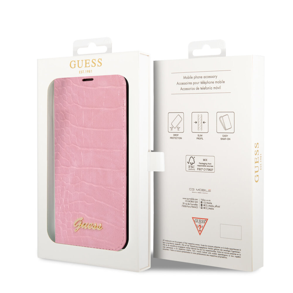 Guess Guess iPhone 14 & 15 Plus Book type case - Croco - 3 card slots - Pink Guess Guess iPhone 14 & 15 Plus Book type case - Croco - 3 card slots - Pink