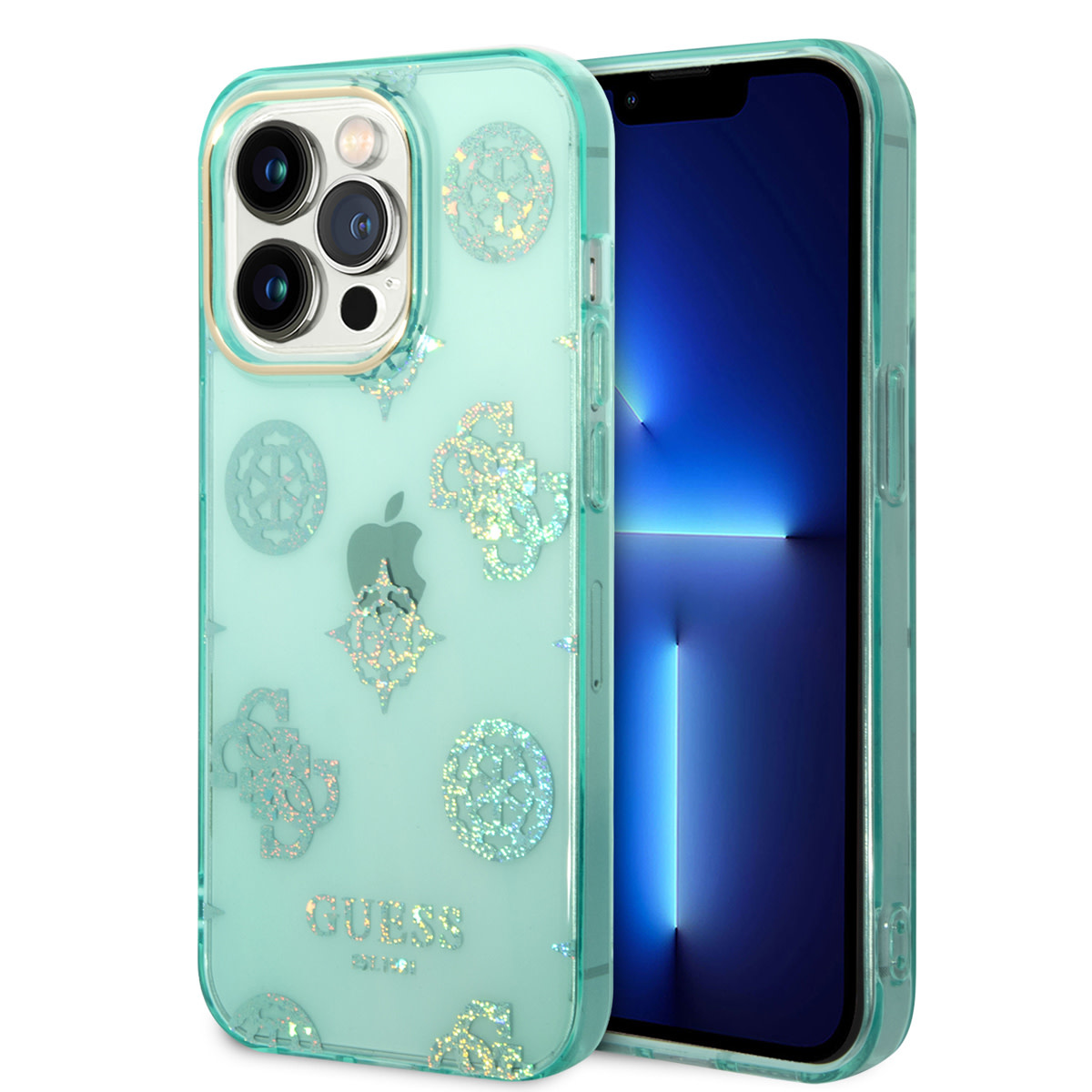 Guess Guess TPU Peony Glitter Hardcase Hoesje voor Apple iPhone 14 Pro - Turquoise