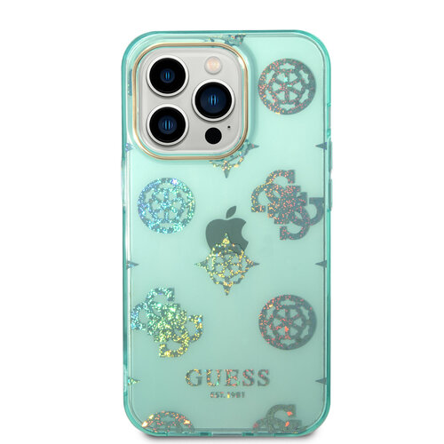 Guess Guess TPU Peony Glitter Hardcase Hoesje voor Apple iPhone 14 Pro - Turquoise
