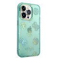 Guess Guess TPU Peony Glitter Hardcase Hoesje voor Apple iPhone 14 Pro - Turquoise