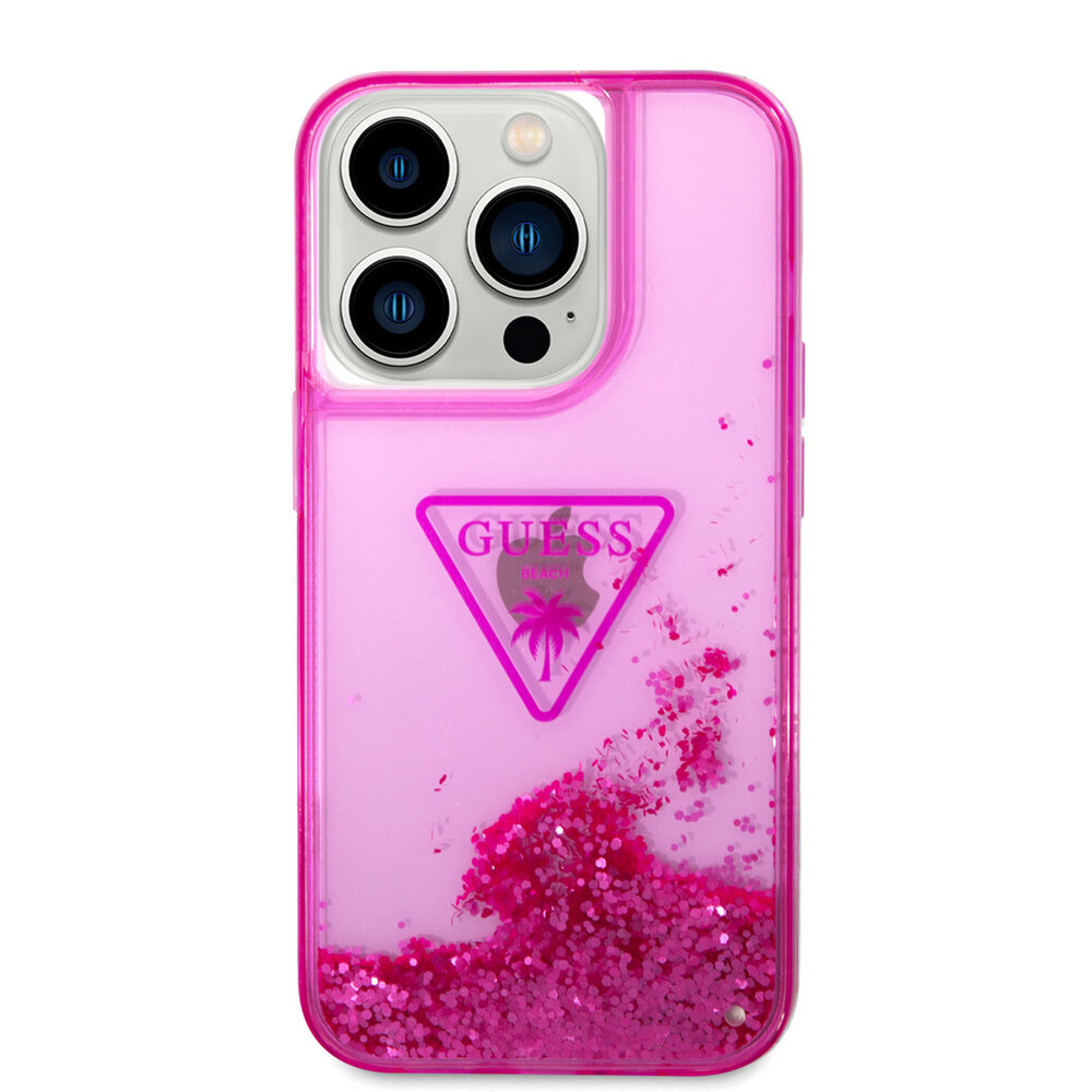 Guess Guess iPhone 14 Pro Hardcase Backcover - Liquid Glitter - Translucent - Fuchsia Guess Guess iPhone 14 Pro Hardcase Backcover - Liquid Glitter - Translucent - Fuchsia