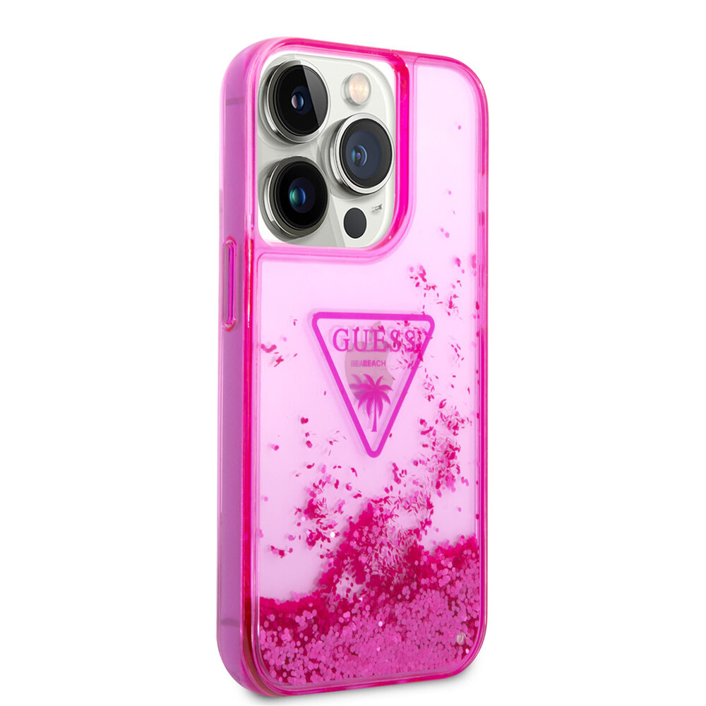 Guess Guess iPhone 14 Pro Hardcase Backcover - Liquid Glitter - Translucent - Fuchsia Guess Guess iPhone 14 Pro Hardcase Backcover - Liquid Glitter - Translucent - Fuchsia