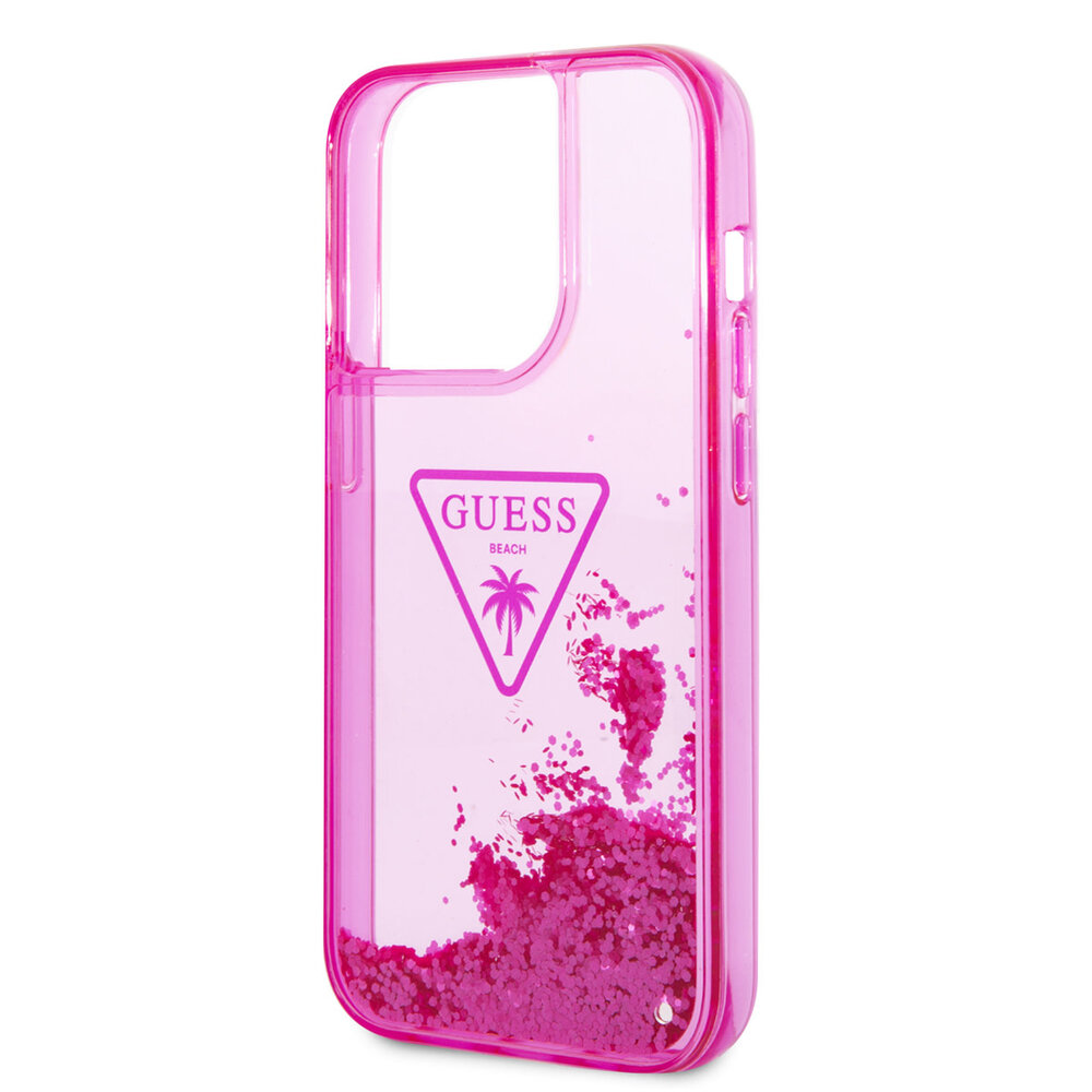 Guess Guess iPhone 14 Pro Hardcase Backcover - Liquid Glitter - Translucent - Fuchsia Guess Guess iPhone 14 Pro Hardcase Backcover - Liquid Glitter - Translucent - Fuchsia